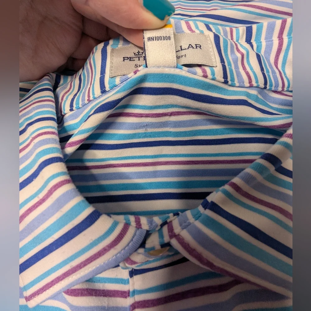 Peter Millar XL 'Summer Comfort' Polo Short Sleeve Blue Stripe - Some Pilling - Picture 6 of 16